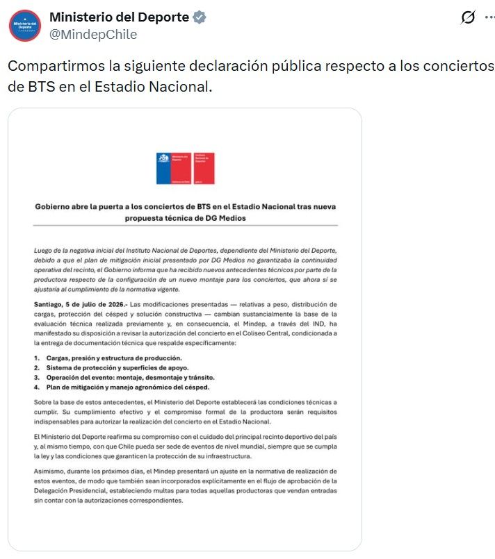 Comunicado del gobierno de Chile respecto a los conciertos de BTS en el Estadio Nacional