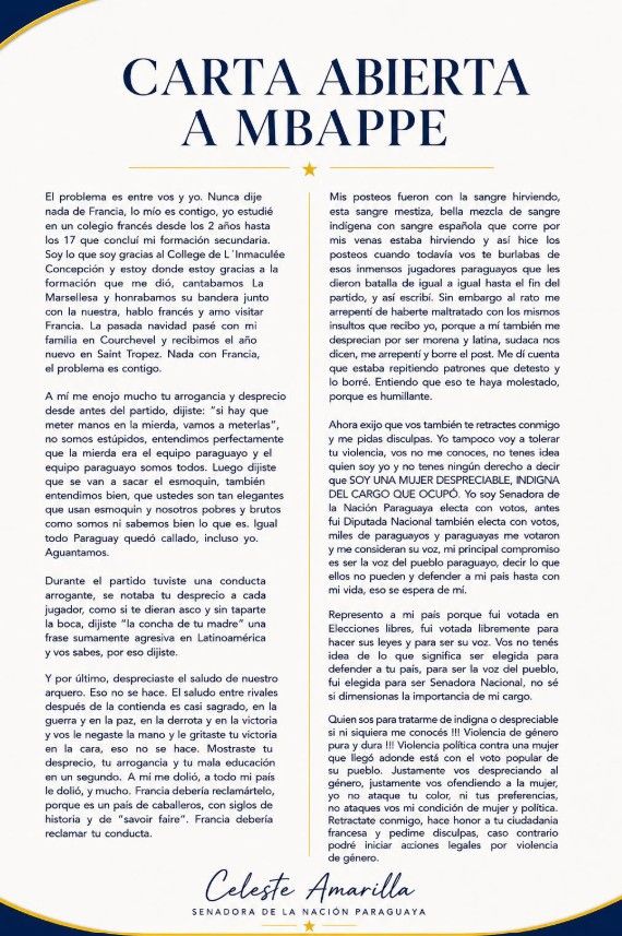 La carta abierta de la senadora paraguaya Celeste Amarilla a Kylian Mbappé
