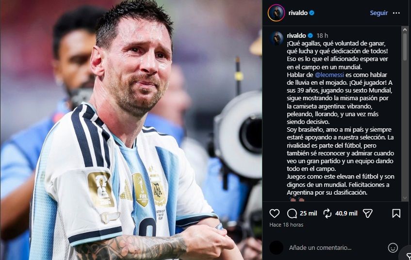 El elogio de Rivaldo a Lionel Messi tras el triunfo agónico de la Selección Argentina ante Egipto en el Mundial 2026