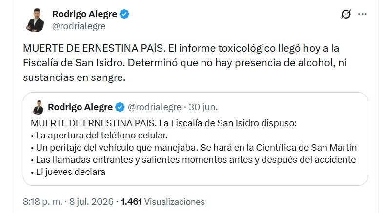 Resultado del informe toxicológico de Ernestina Pais