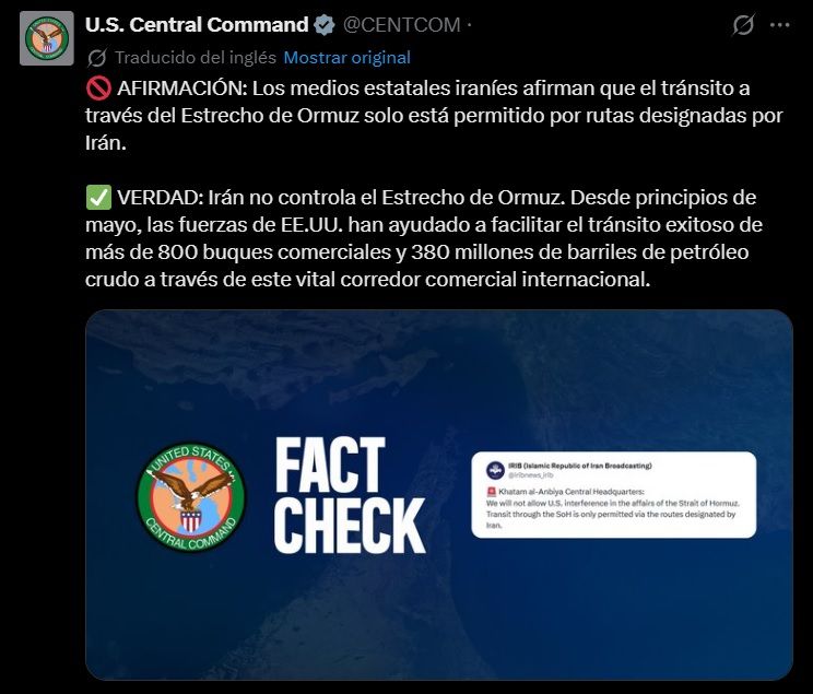 CENTCOM sobre el control del Estrecho de Ormuz