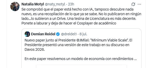 La economista Natalia Motyl fue lapidaria sobre el paper de Milei-Reidel.