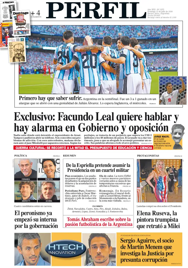 La tapa del Diario PERFIL del domingo 12 de julio de 2026.