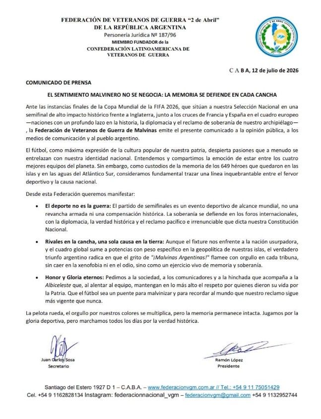 Carta de la Federación de Veteranos de Guerra 2 de Abril en la previa al partido de la Selección Argentina vs Inglaterra