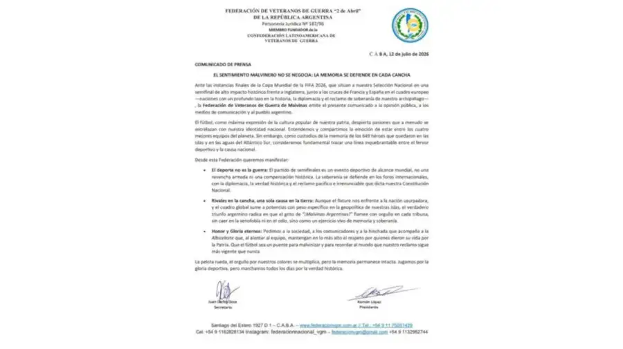 Comunicado Veteranos de Malvinas sobre Partido con Inglaterra 13072026