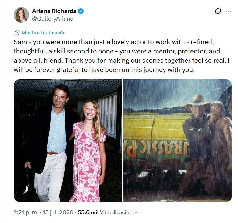 La despedida de Ariana Richards a Sam Neill