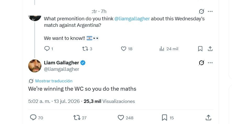 La predicción de Liam Gallagher para el partido entre Argentina e Inglaterra