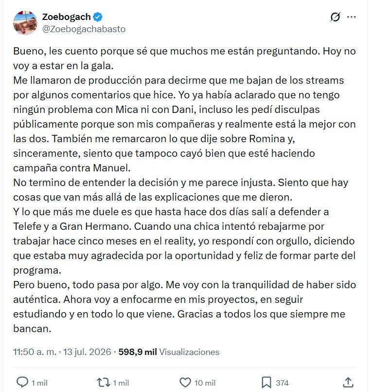 Zoe Bogach fue echada de streams Telefe