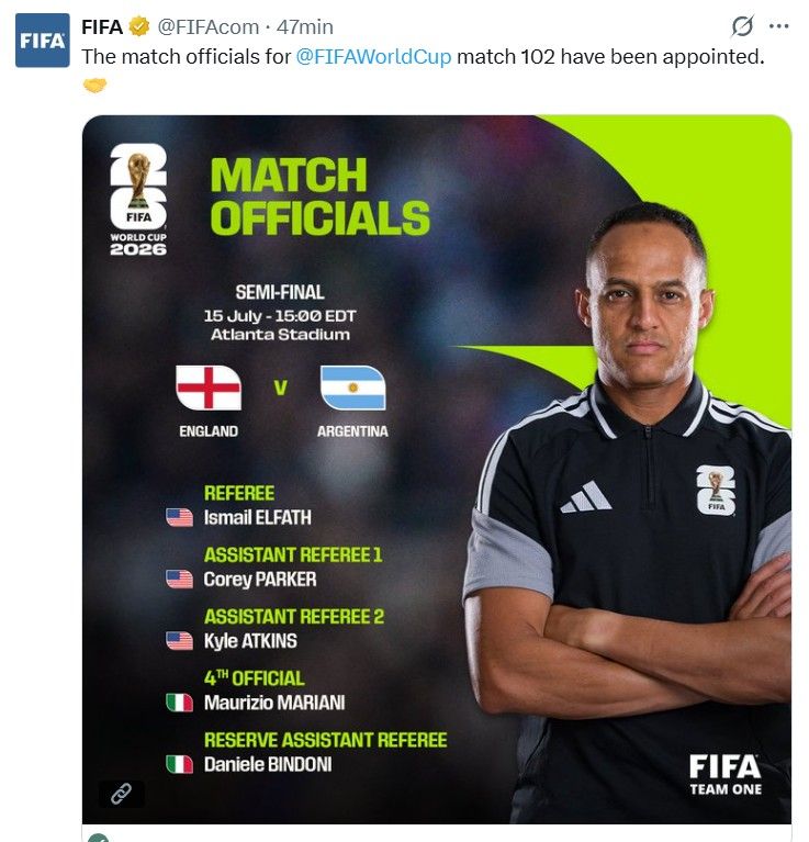 El árbitro de Argentina - Inglaterra es el estadounidense Ismail Elfath