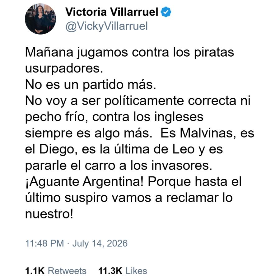 Posteo de Victoria Villarruel sobre el partido Argentina-Inglaterra