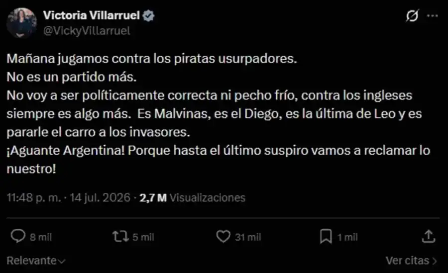 Publicación de Victoria Villarruel en X.