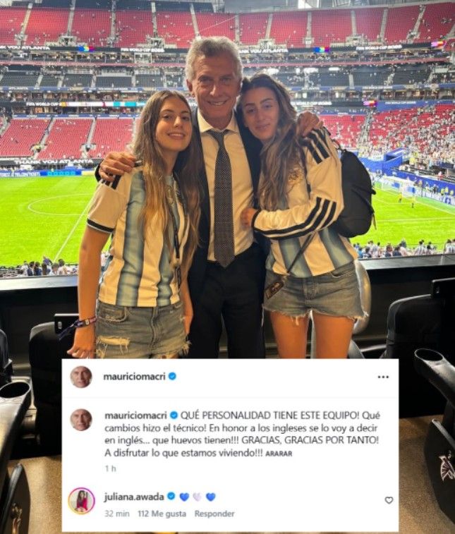 El festejo de Mauricio Macri, su hija Antonia y y Valentina Barbier, hija de Juliana Awada, tras el triunfo de Argentina ante Inglaterra