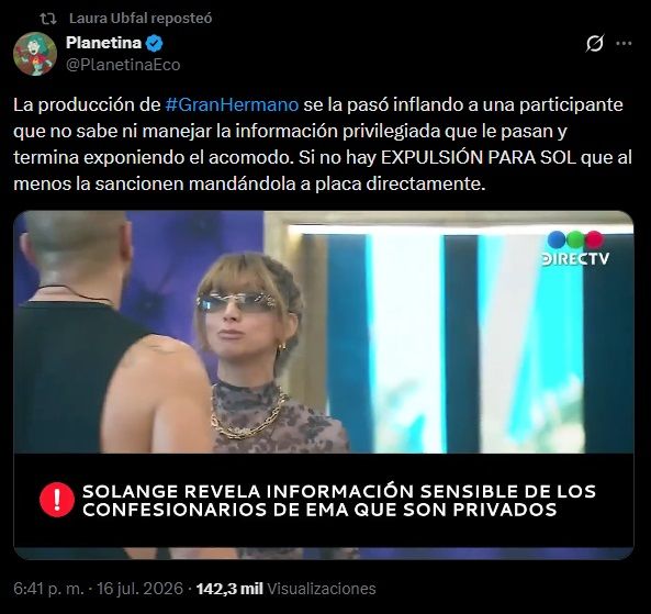 La publicación de Laura Ubfal contra la producción de Gran Hermano que generó polémica