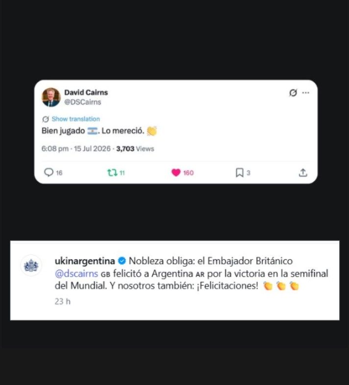 Mensaje de la Embajada británica tras el triunfo de Argentina ante Inglaterra en el Mundial 2026