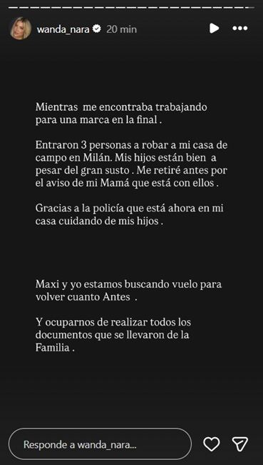Mensaje de Wanda Nara tras el robo en su casa de Milan