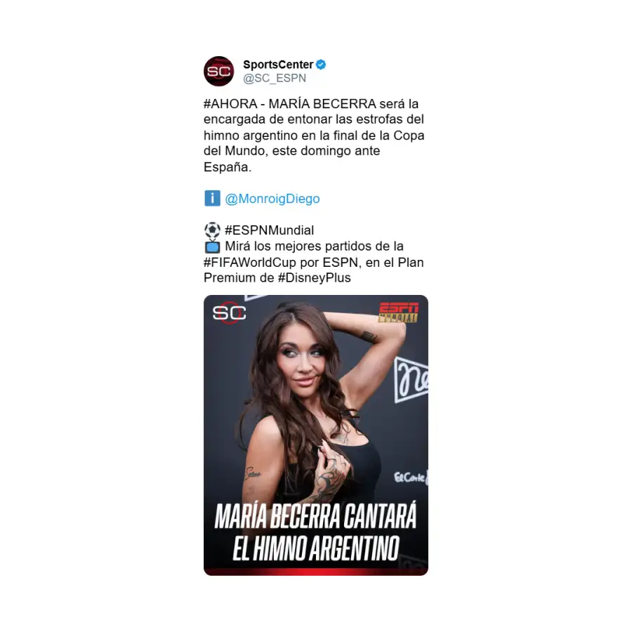 Sportscenter anunciando que María Becerra actuará en el cierre del mundial