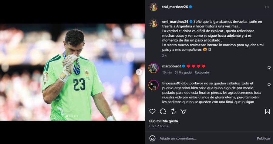 El doloroso posteo del Dibu MartÃÂnez tras perder la final del Mundial 2026 con la Selección Argentina