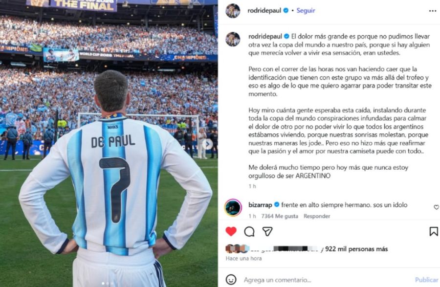 El duro mensaje de Rodrigo de Paul tras perder la final del Mundial