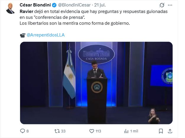 Posteo de Biondini en X sobre Ravier