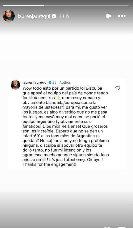 El terrible y supuesto pedido de disculpas de Lauren Jauregui tras su burla a la Selección