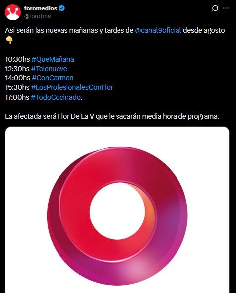 La grilla de programación con el nuevo horario del programa de Florencia de la V en El Nueve