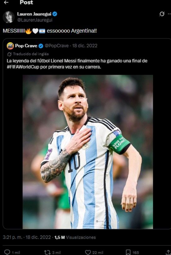 Lauren Jauregui celebró el triunfo de la Selección Argentina en el Mundial de 2022