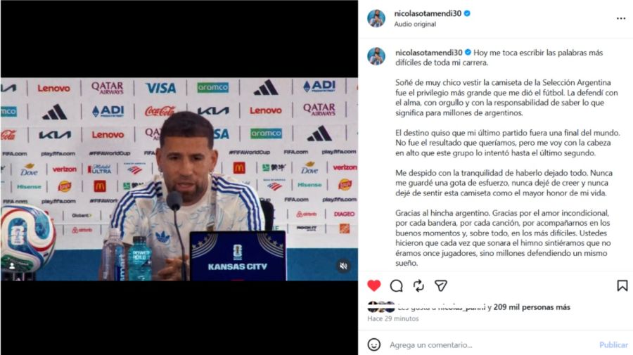 Nicolás Otamendi se despidió de la Selección Argentina
