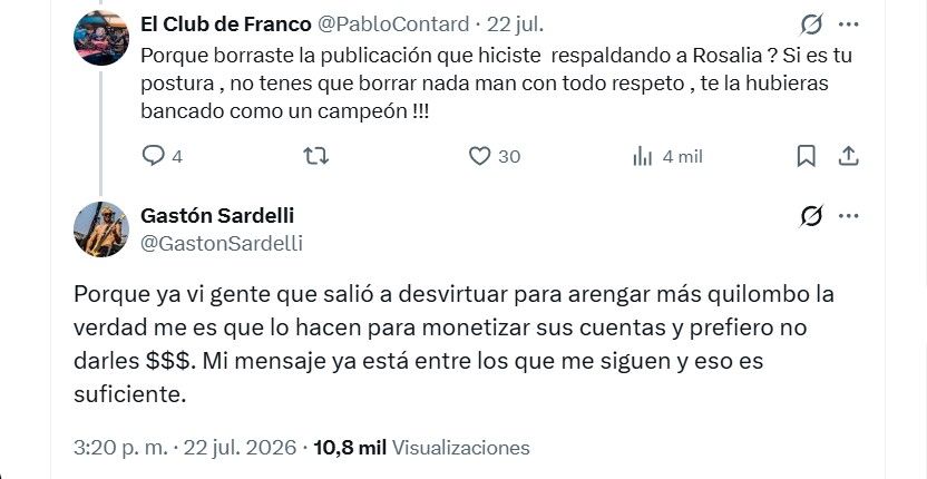 Gastón Sardelli explicó por qué borró su defensa a Rosalía