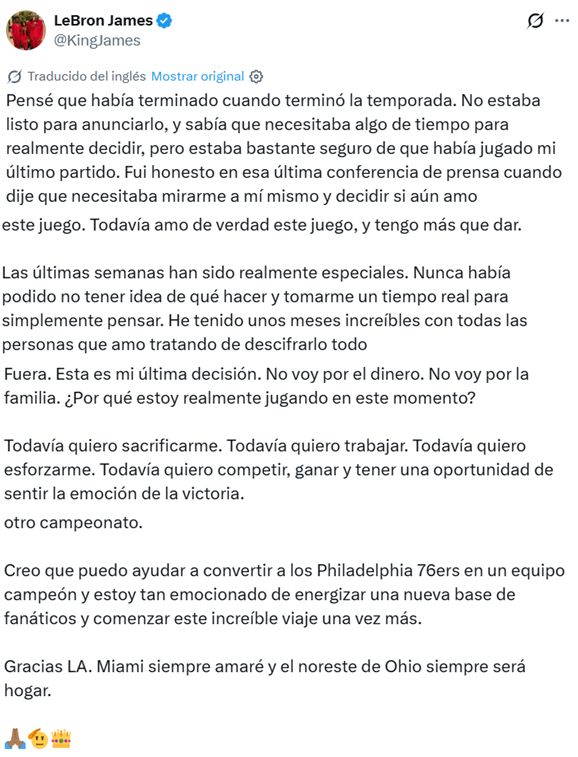 Mensaje de LeBron en X