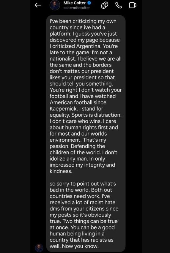 Respuesta de Mike Colter a un seguidor tras su polémica publiación contra Argentina
