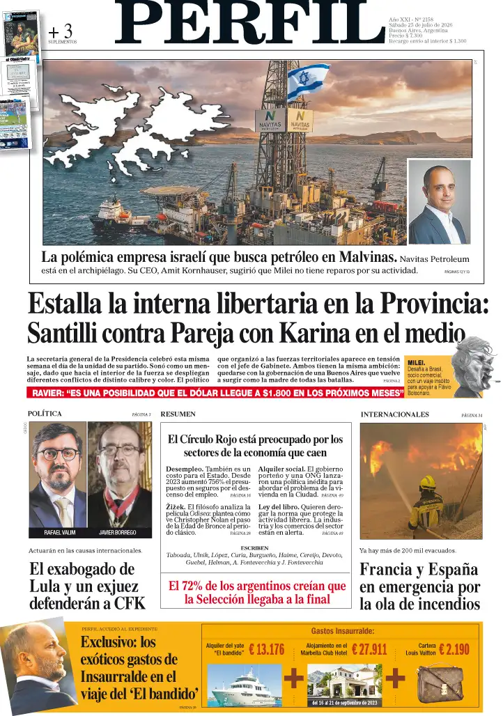 La tapa del Diario PERFIL del sábado 25 de julio de 2026