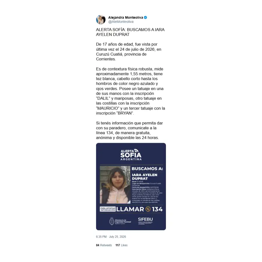 Alejandra Monteoliva sobre la desaparición de Iara Ayelén Duprat