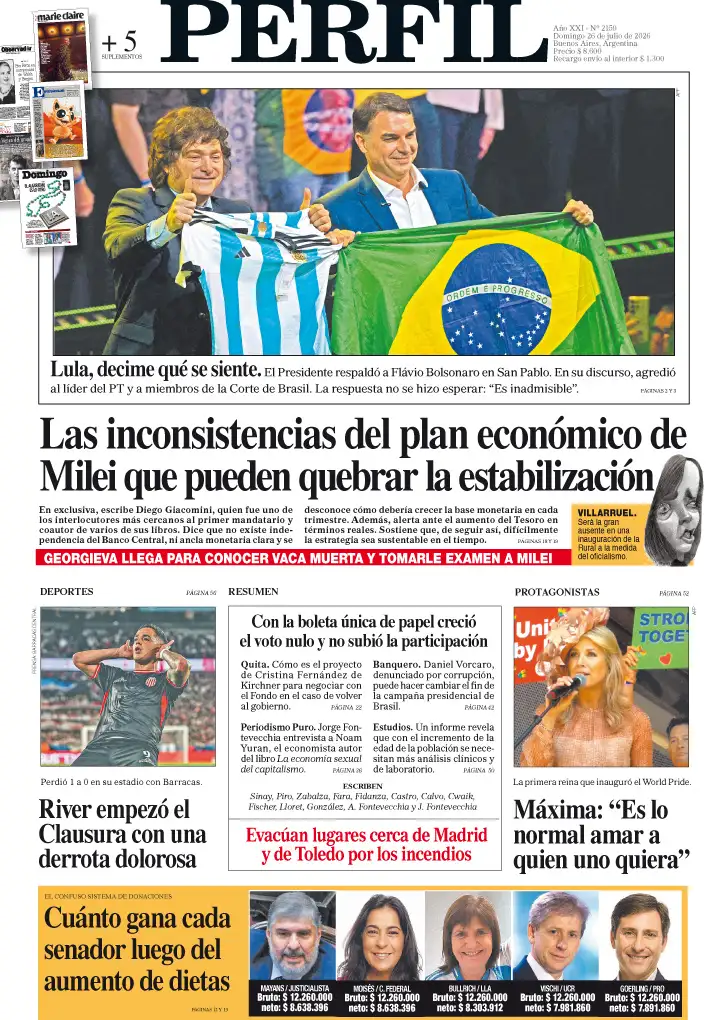 La tapa del Diario PERFIL del domingo 26 de julio de 2026