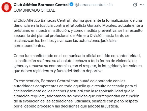 Comunicado Barracas Central - Caso Morales