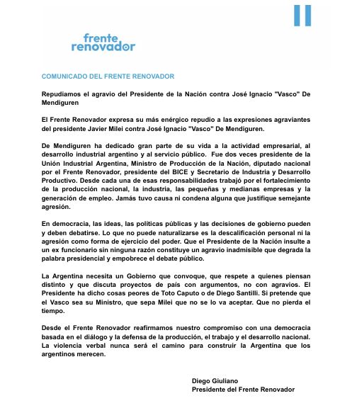 Comunicado Frente Renovador sobre agravios de Milei a De Mendiguren