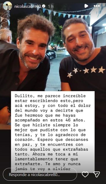 El mensaje de Nicolás Cabré a su hermano Duilio