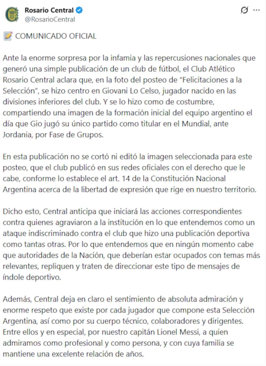 El posteo de Rosario Central en las redes explicando la decisión de no incluir a Messi y Scaloni en la imagen