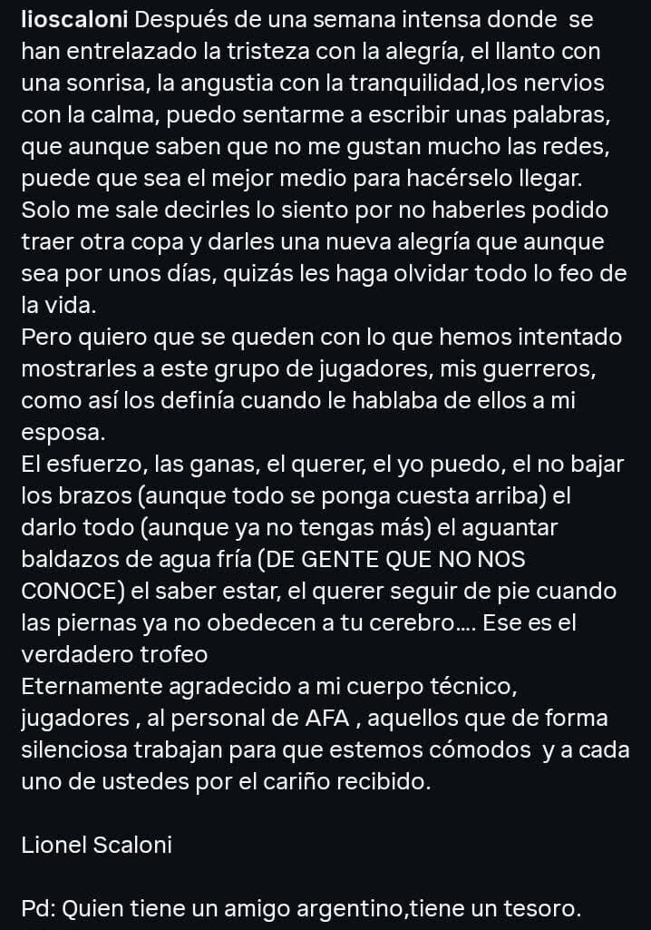 Mensaje de Scaloni en Instagram