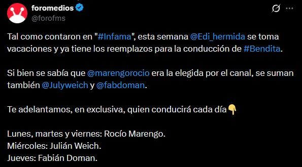 Edith Hermida se tomó vacaciones y será reemplazada en Bendita