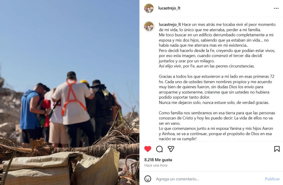 El mensaje de Lucas Trejo a un mes de la muerte de su esposa e hijos en los terremotos de Venezuela