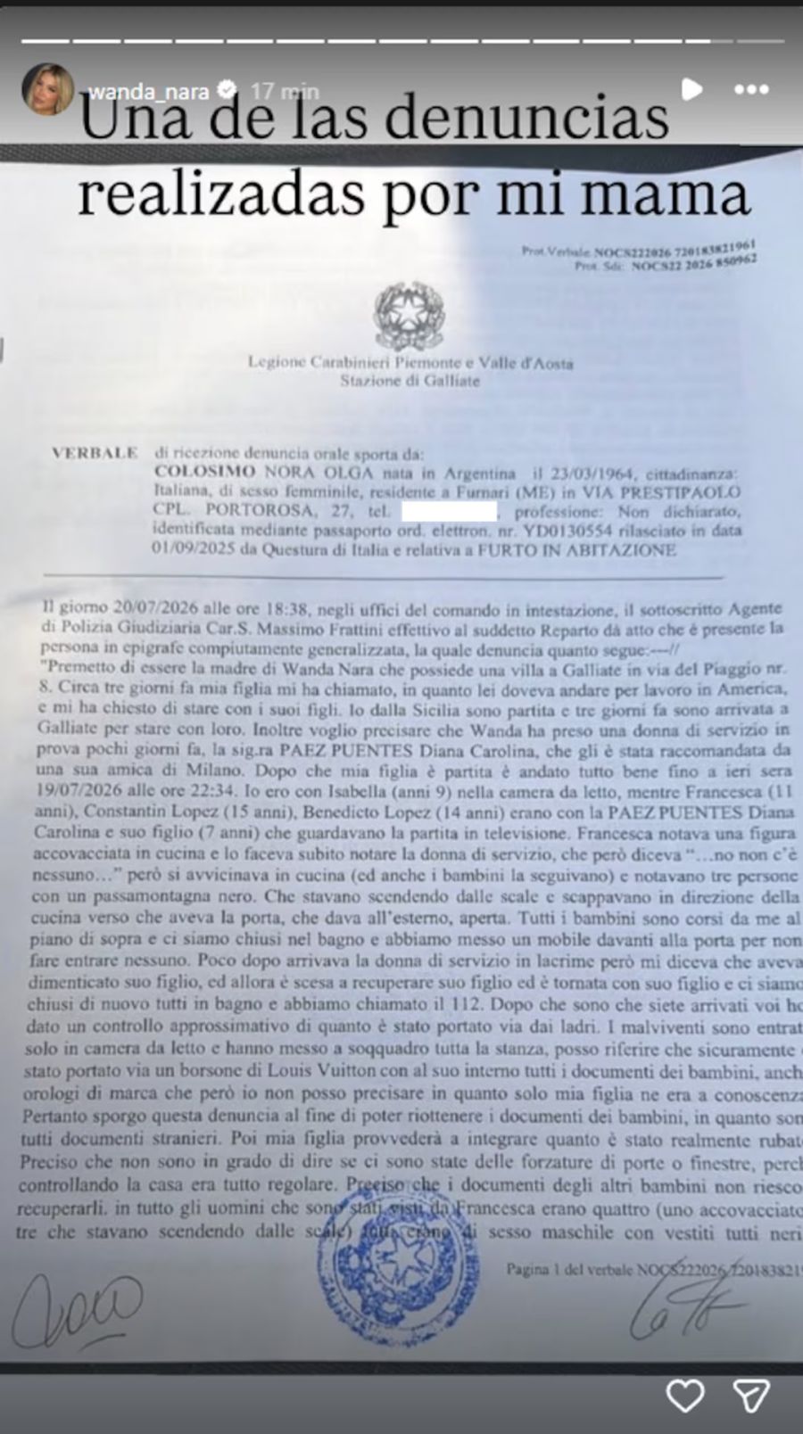 La denuncia de la mamá de Wanda Nara sobre el robo en la casa de Milán