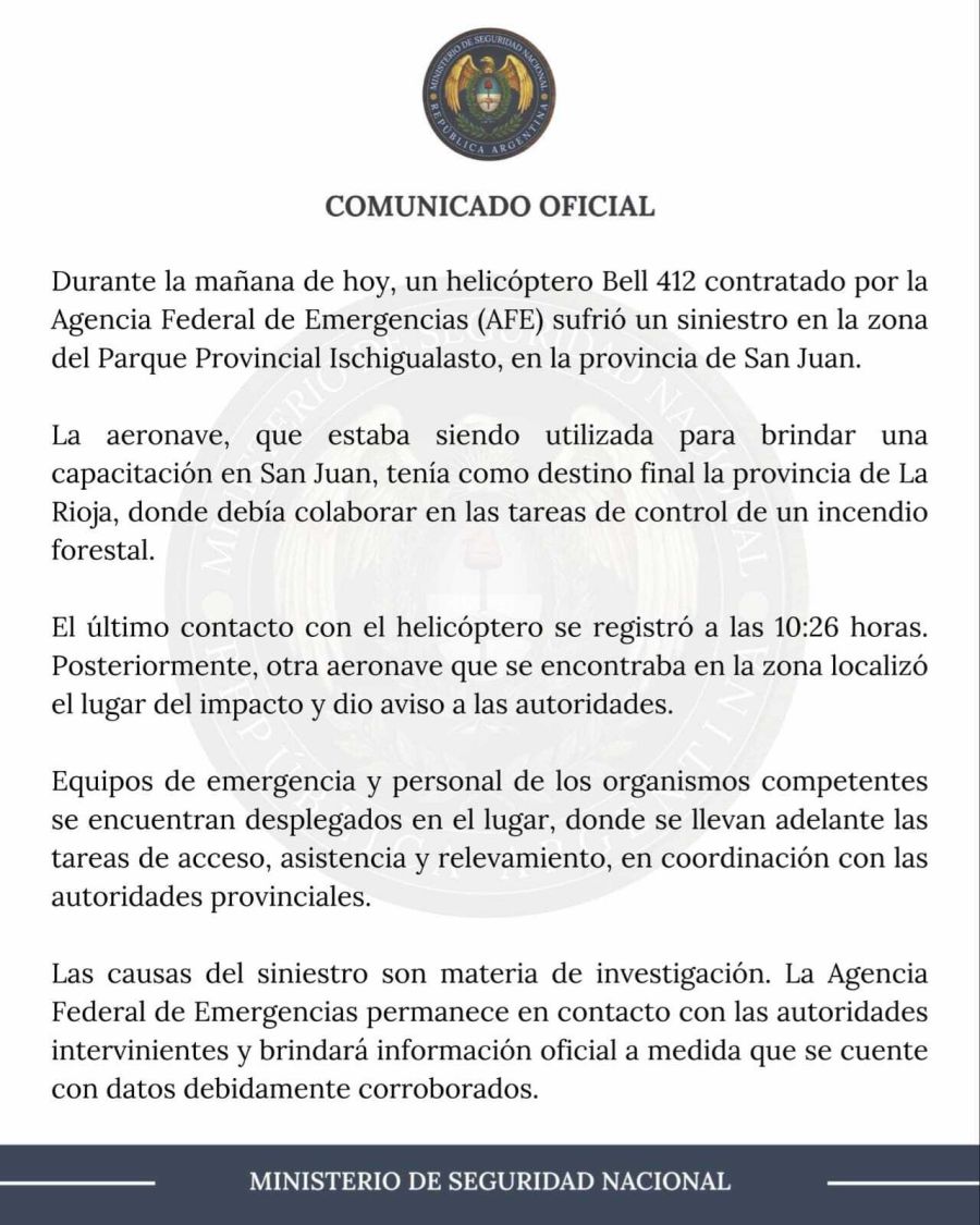 El Ministerio de Seguridad Nacional confirmó el accidente a través de un comunicado oficial.