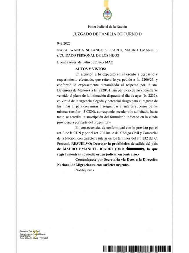 La resolución que le prohíbe a Mauro Icardi salir del país