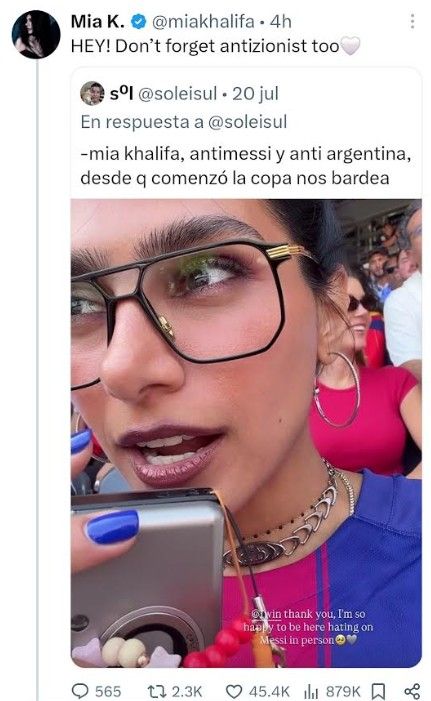 Mia Khalifa reveló por qué odia a la Selección, a Lionel Messi y a Argentina