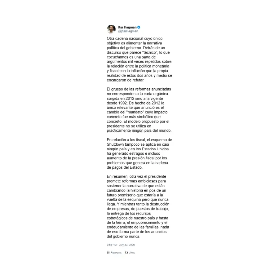 Posteo de Itai Hagman contra el grillete fiscal de Milei