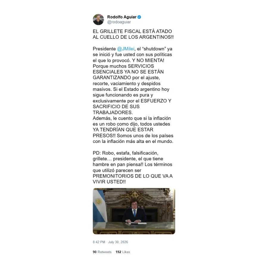 Posteo de Rodolfo Aguiar contra el grillete fiscal de Milei