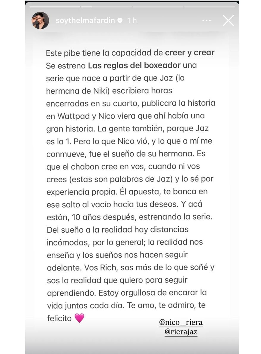 Thelma Fardín elogió a Nico Riera