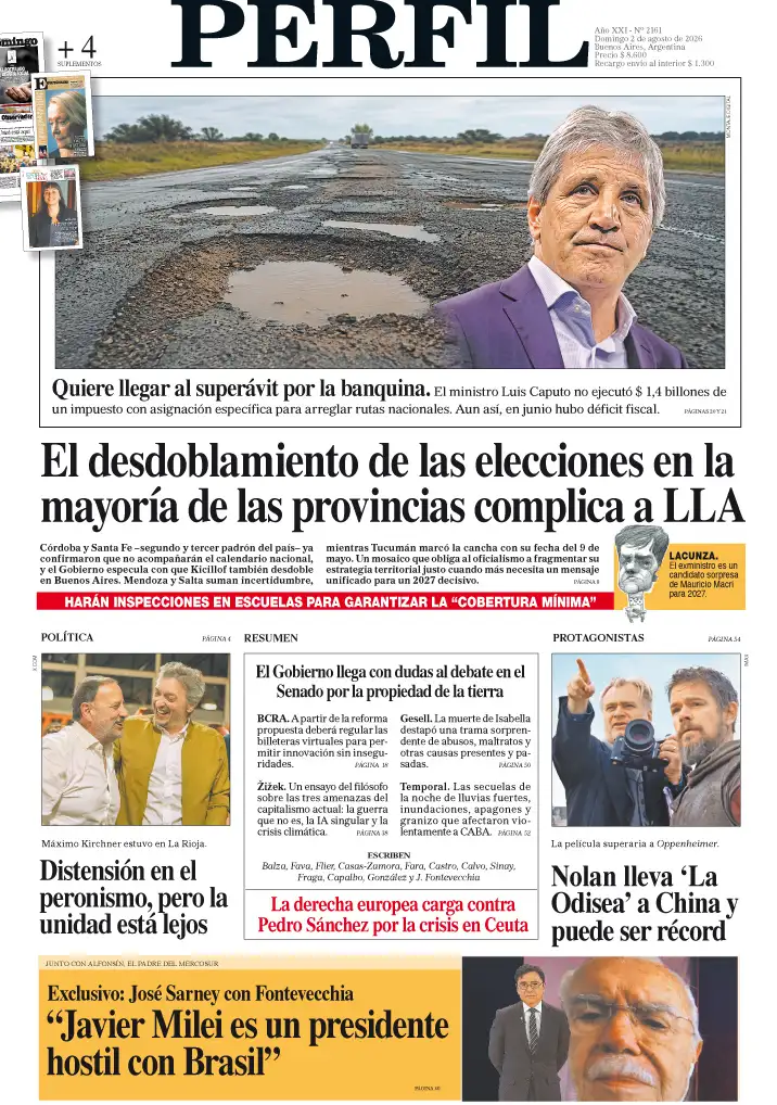 La tapa del Diario PERFIL del domingo 2 de agosto de 2026