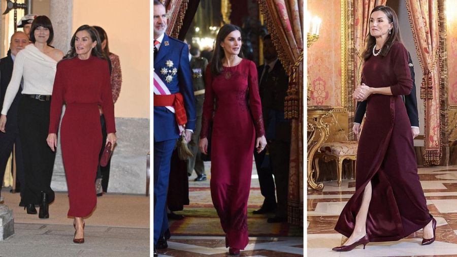 Look monocromático bordó de la reina Letizia