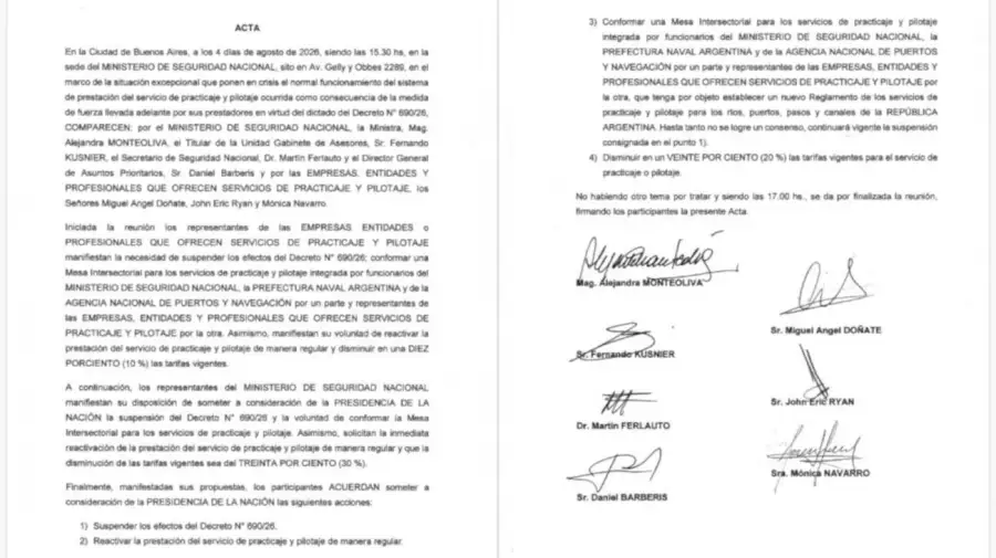 Acta acuerdo entre el Gobierno y el sindicato porturario de los practicos 04082026